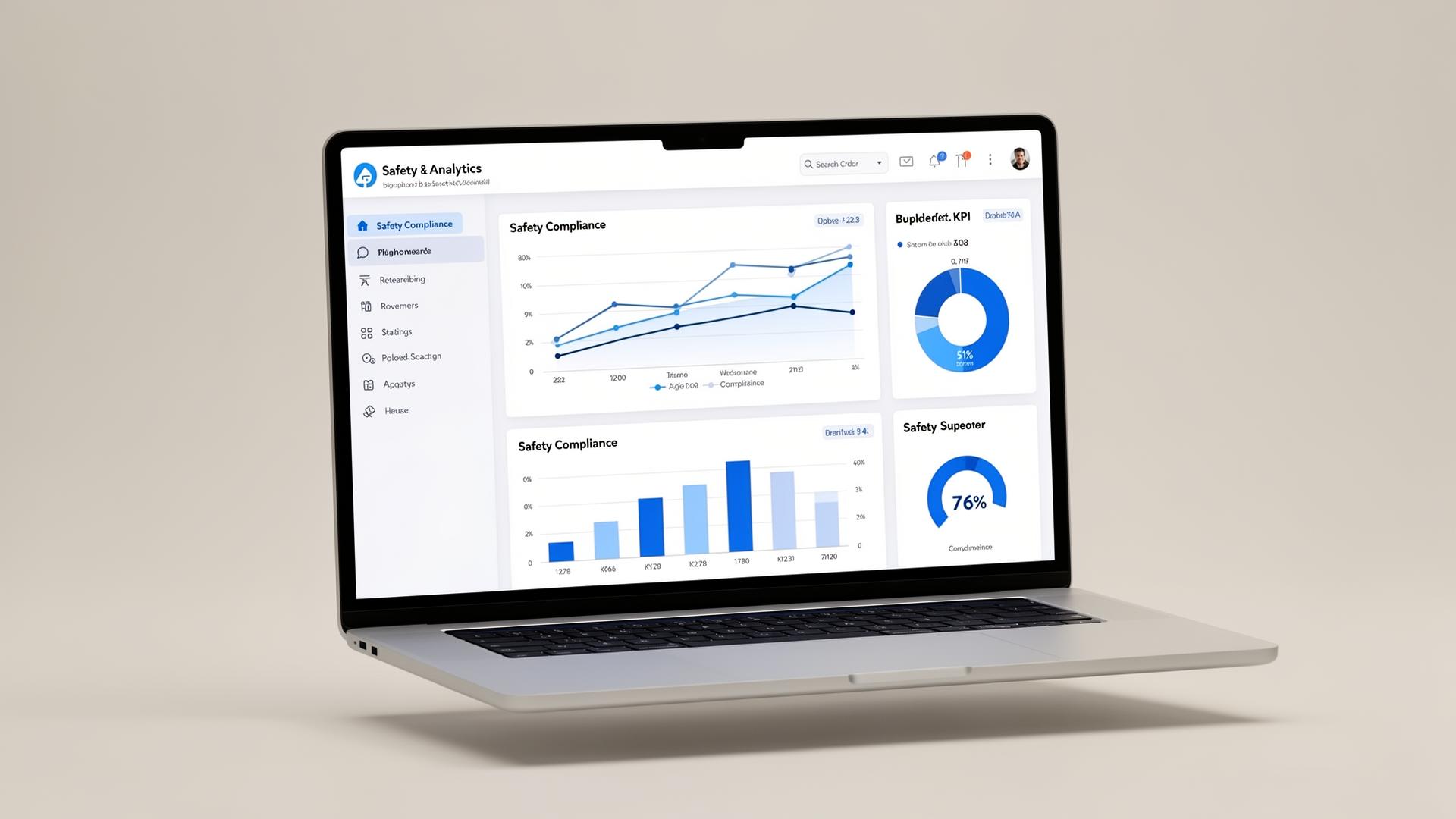 Dashboard de conformidade com gráficos de barras, linhas e donut
